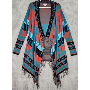 Pink Cattlelac Sweater Womens Small Southwestern Open Front Fringed Cardigan